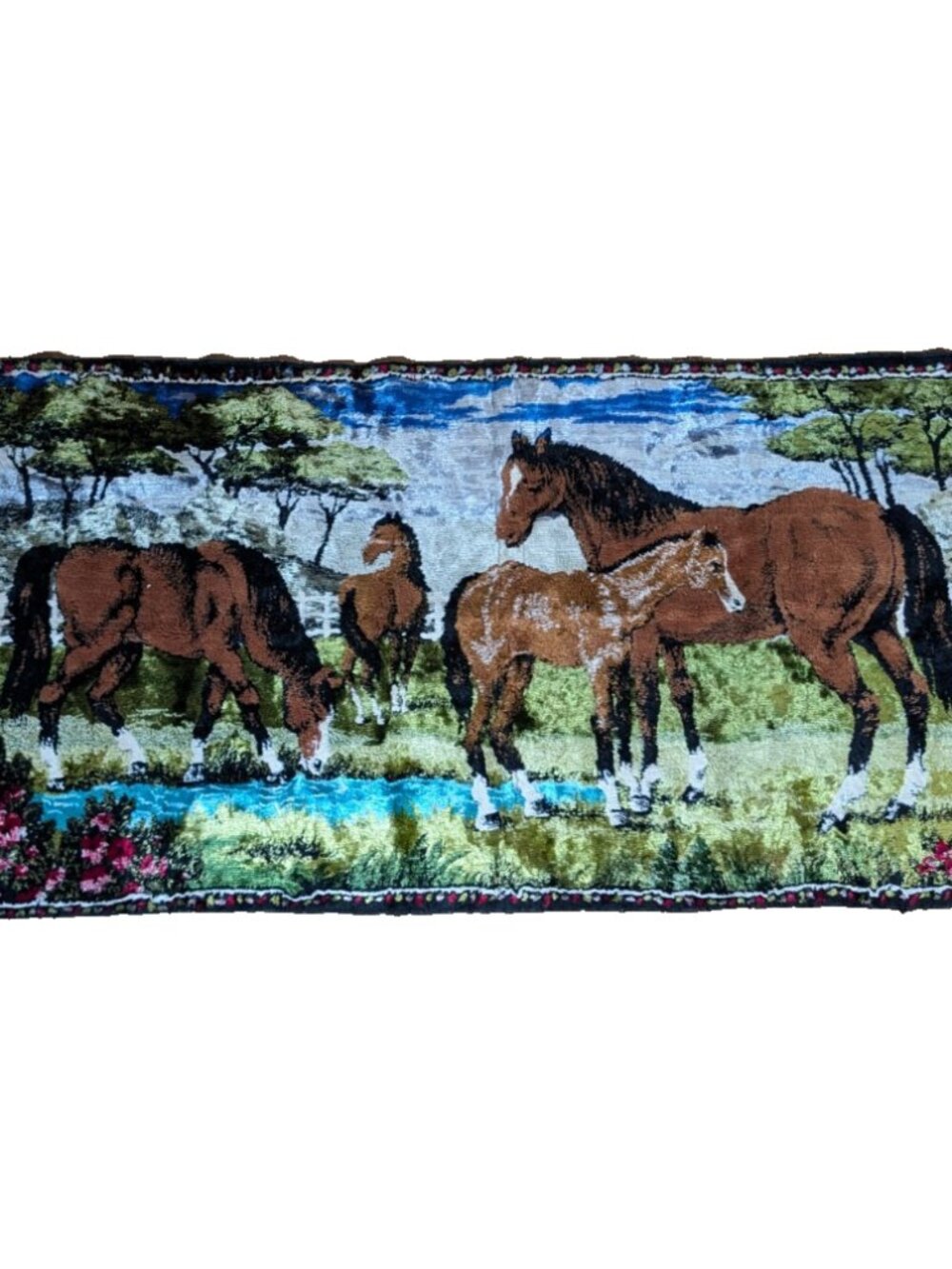 Vintage GORGEOUS Velvet Horse Tapestry Wall Hanging Rug  15.5 x 6"